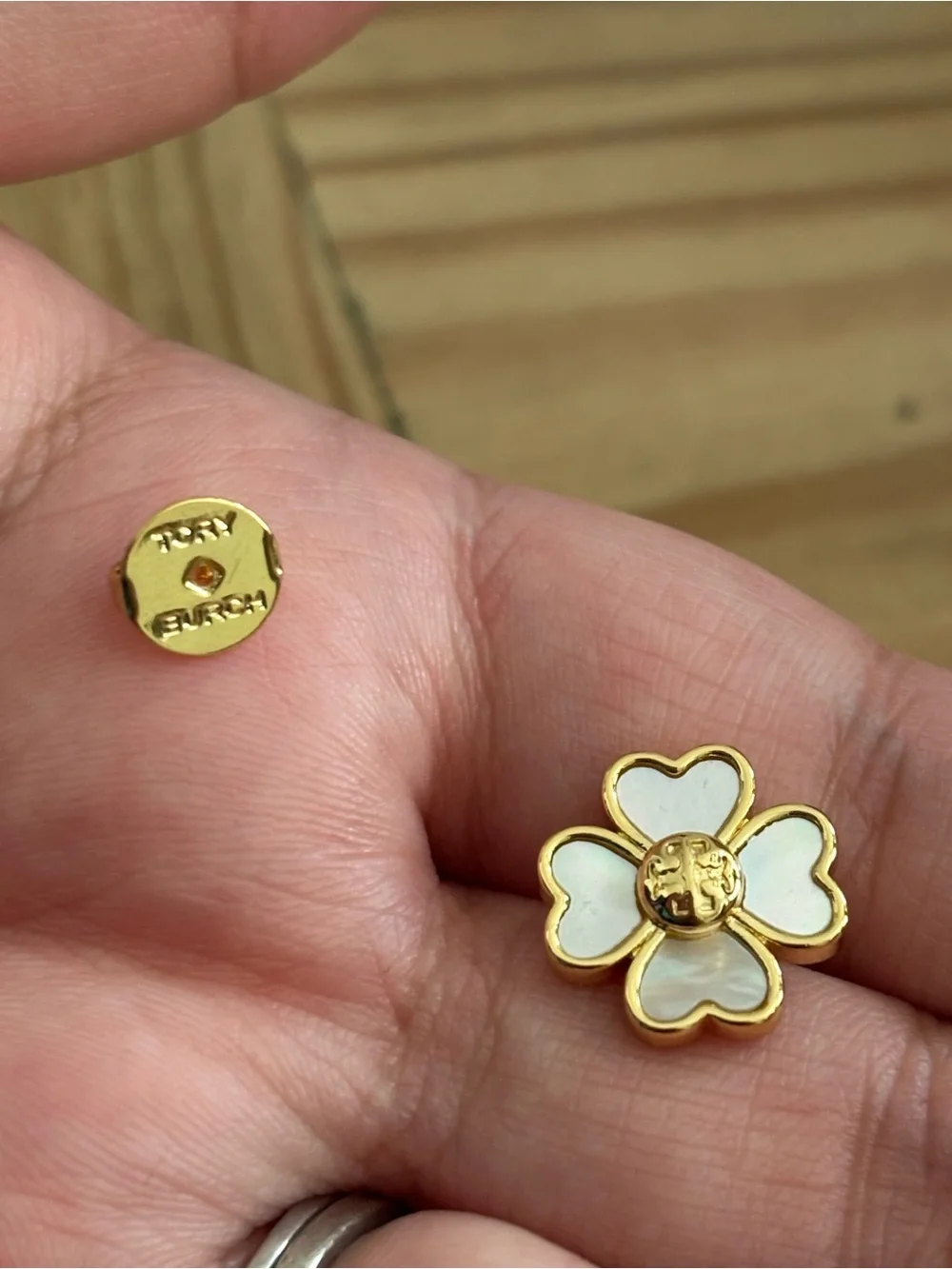 Gold Flower Stud Earrings with Iridescent Mother-of-Pearl Petals